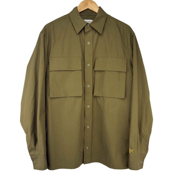 KENZO Button Down Cargo Maxi Pocket Oversized Fit Cotton Green Logo OverShirt  M - Picture 1 of 16